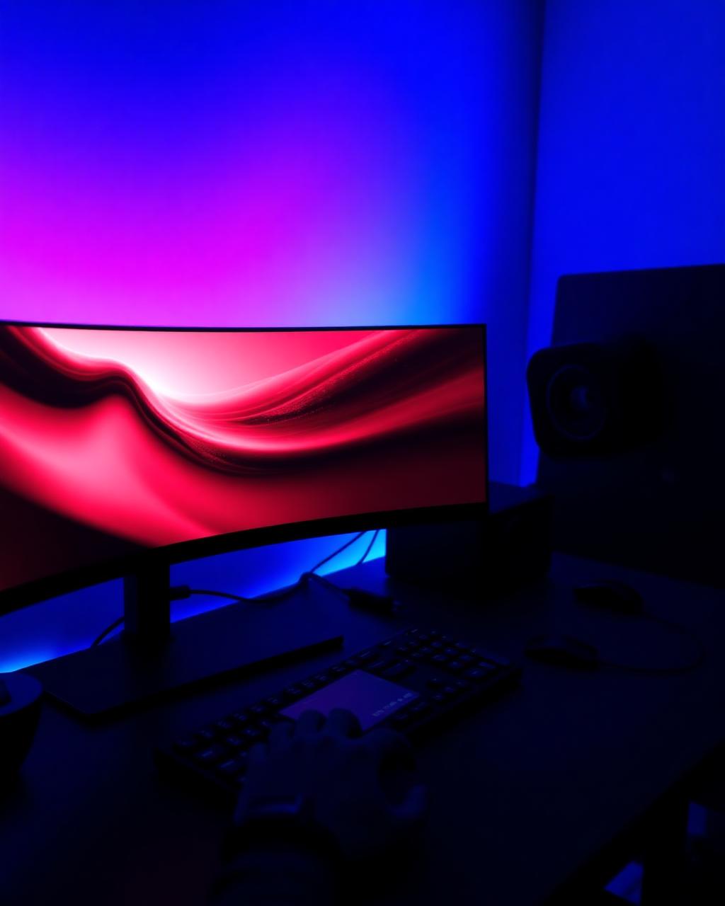 Gaming streamer desk setup with keyboard and headset